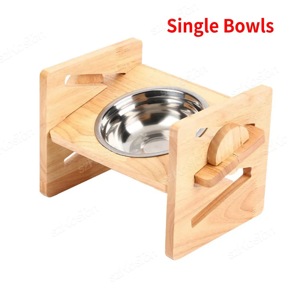 Adjustable Bamboo Elevated Dog Feeder with Tilted Stand & Stainless Steel Bowls