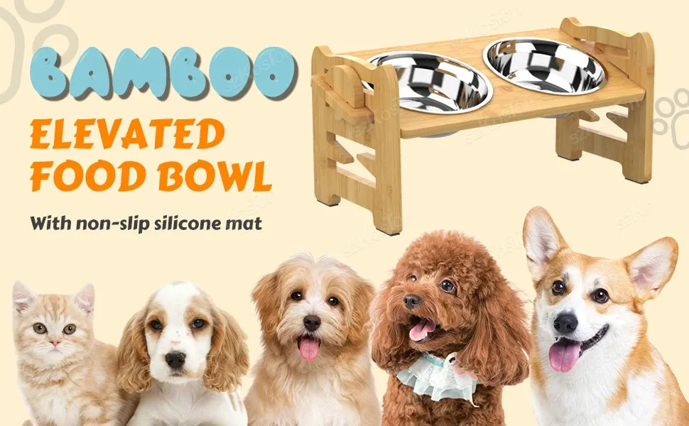 Adjustable Bamboo Elevated Dog Feeder with Tilted Stand & Stainless Steel Bowls