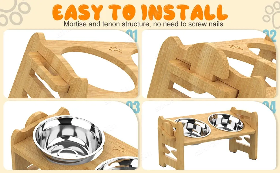 Adjustable Bamboo Elevated Dog Feeder with Tilted Stand & Stainless Steel Bowls