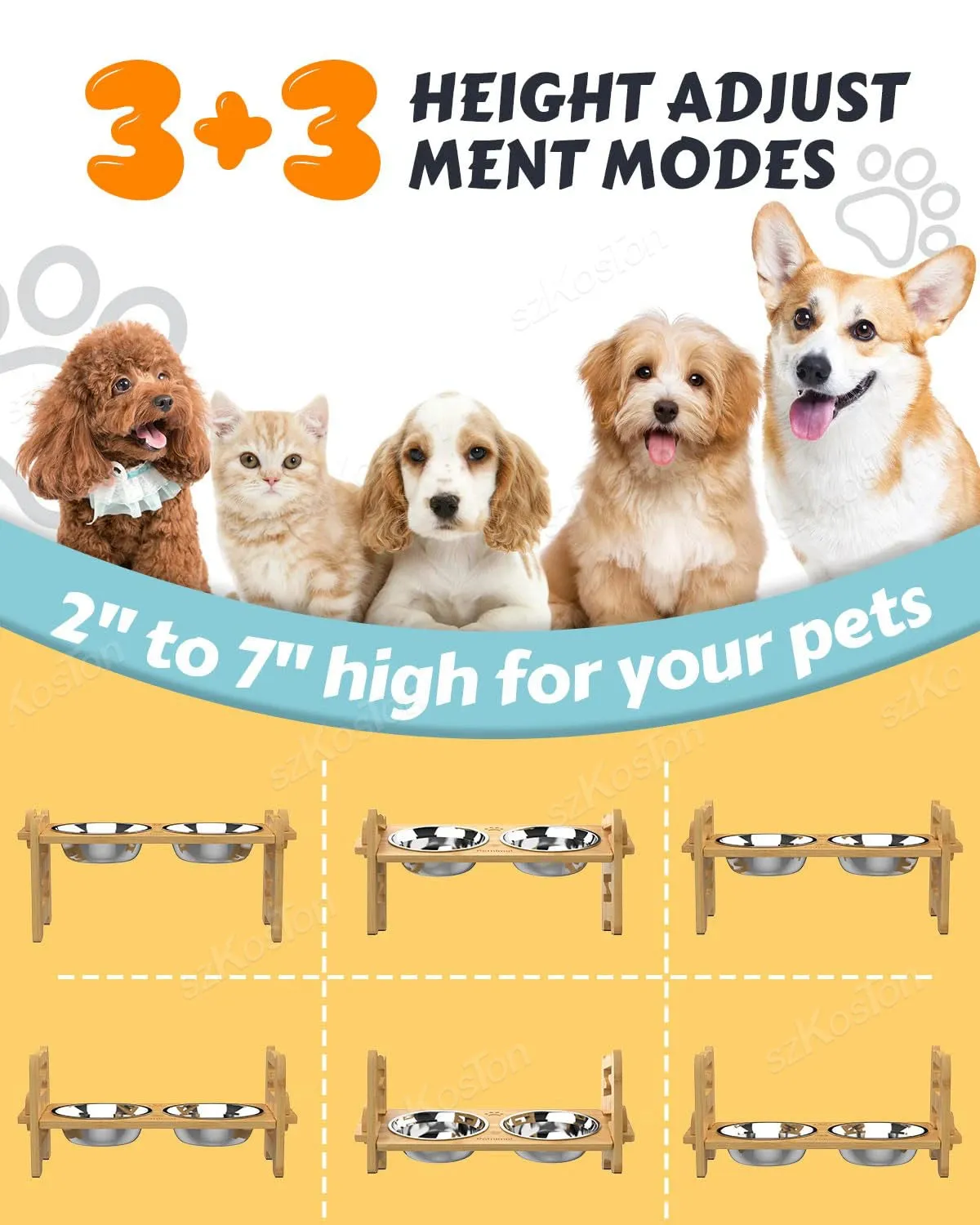 Adjustable Bamboo Elevated Dog Feeder with Tilted Stand & Stainless Steel Bowls