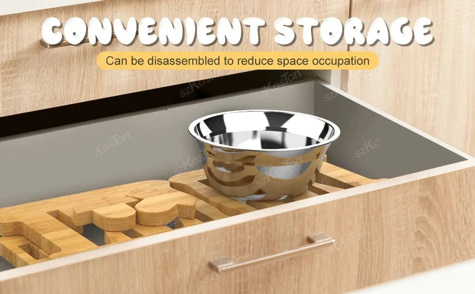 Adjustable Bamboo Elevated Dog Feeder with Tilted Stand & Stainless Steel Bowls