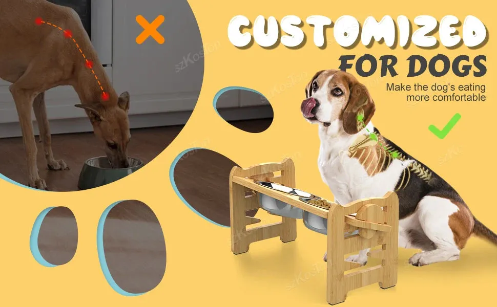 Adjustable Bamboo Elevated Dog Feeder with Tilted Stand & Stainless Steel Bowls