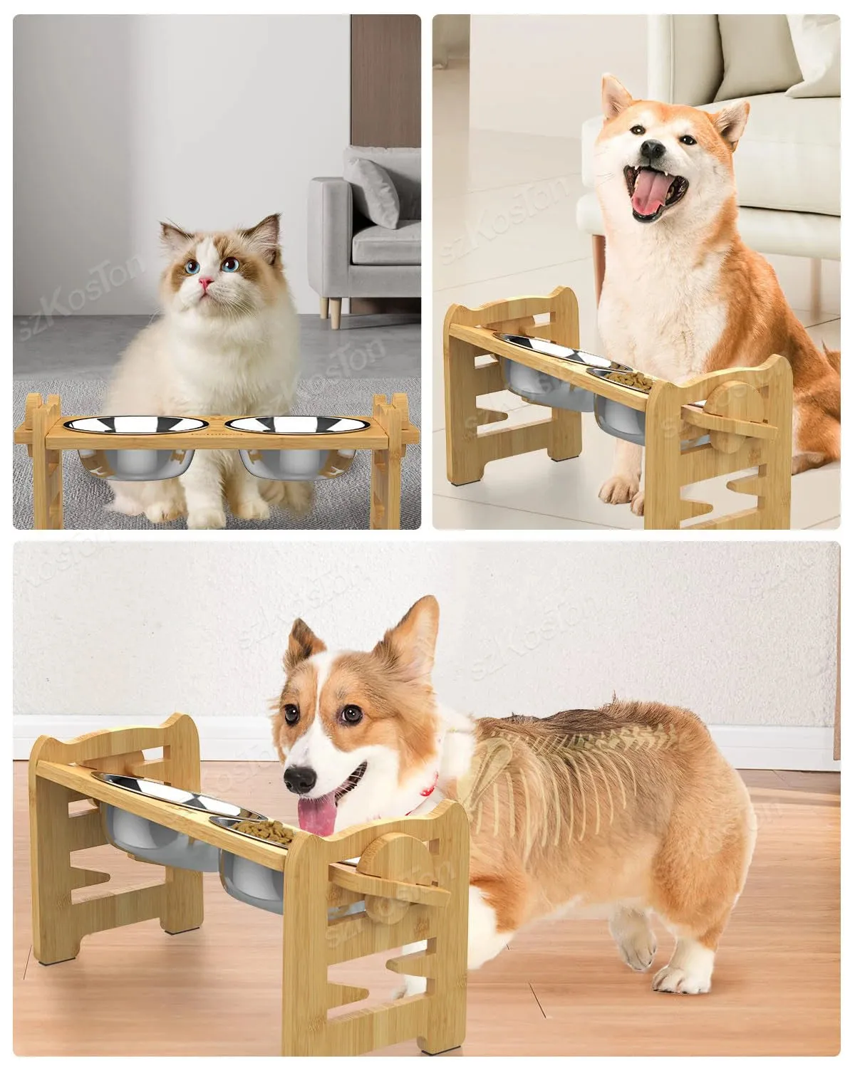 Adjustable Bamboo Elevated Dog Feeder with Tilted Stand & Stainless Steel Bowls