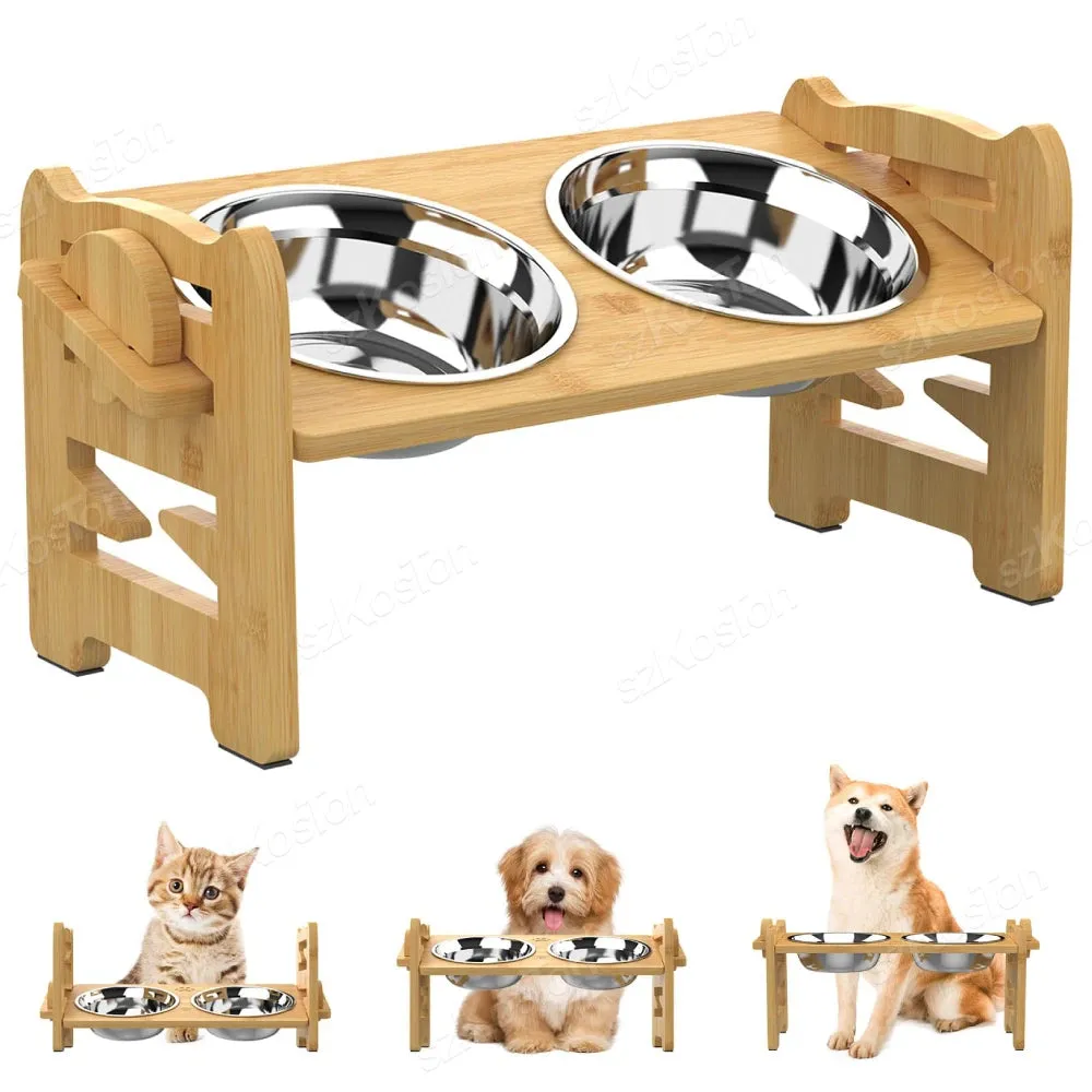 Adjustable Bamboo Elevated Dog Feeder with Tilted Stand & Stainless Steel Bowls