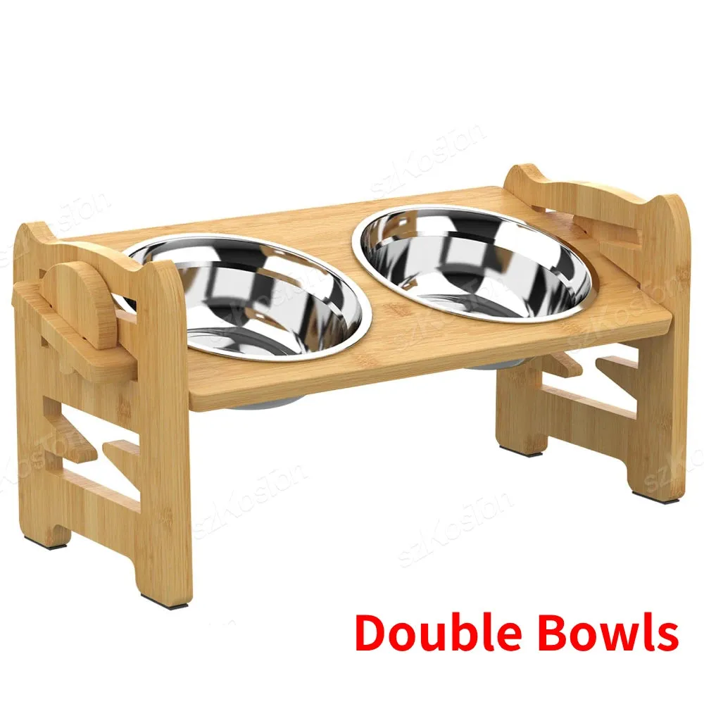Adjustable Bamboo Elevated Dog Feeder with Tilted Stand & Stainless Steel Bowls