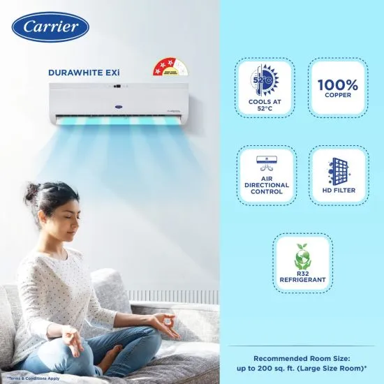 Carrier Durawhite Exi CAI24DH3R32F0 2 Ton 3 Star Inverter Split AC | 6-in-1 Convertible Cooling | Copper Condenser | PM2.5 Filter | Auto Clean | White