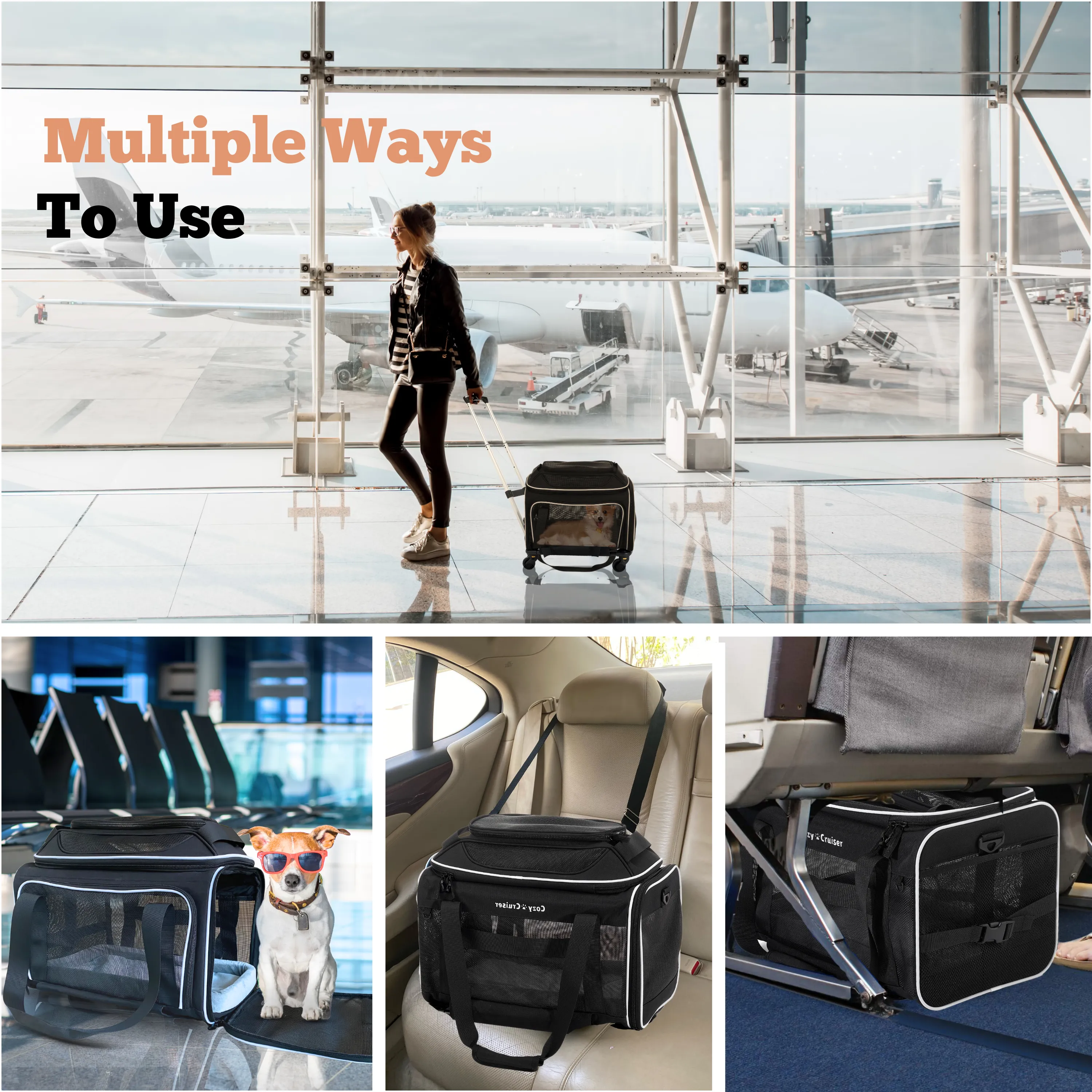 Cozy Cruiser Airline Approved Top-Expanding Pet Carrier on Wheels- Soft Lined Carrier 18x11x11 (Original Mesh Sides)