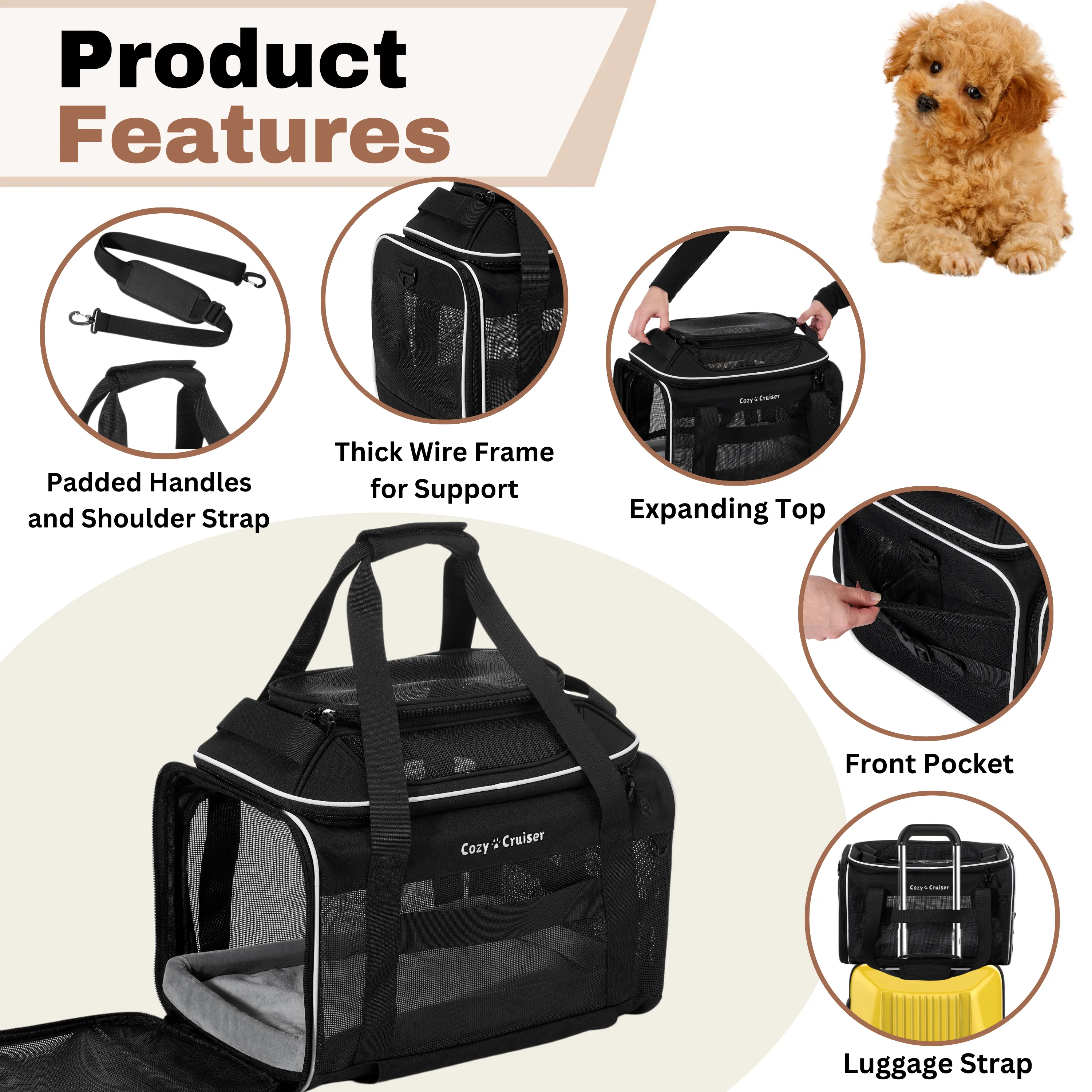 Cozy Cruiser Airline Approved Top-Expanding Pet Carrier on Wheels- Soft Lined Carrier 18x11x11 (Original Mesh Sides)