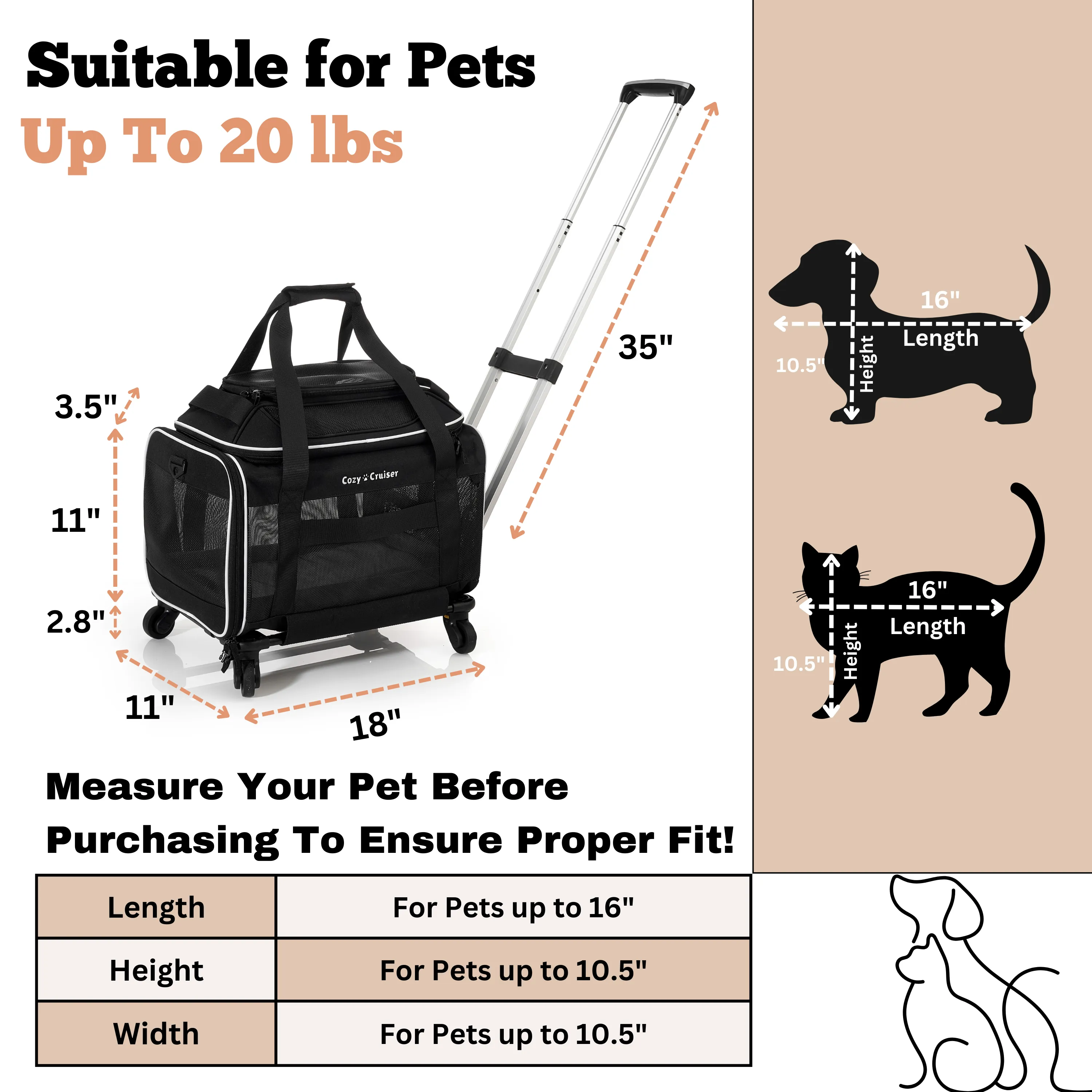 Cozy Cruiser Airline Approved Top-Expanding Pet Carrier on Wheels- Soft Lined Carrier 18x11x11 (Original Mesh Sides)