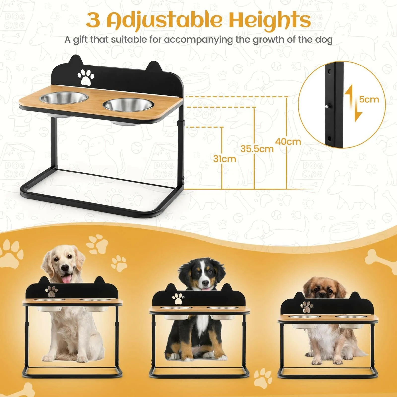 Customisable Elevated Dog Bowls Feeder with Adjustable Heights and Convenient Dining Marker