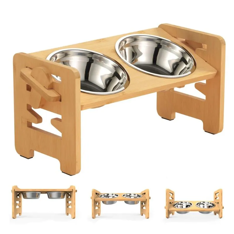 Elevated Cat Bowls - Adjustable Feeder - Bamboo Frame