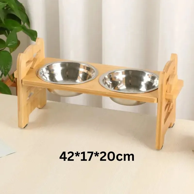 Elevated Cat Bowls - Adjustable Feeder - Bamboo Frame