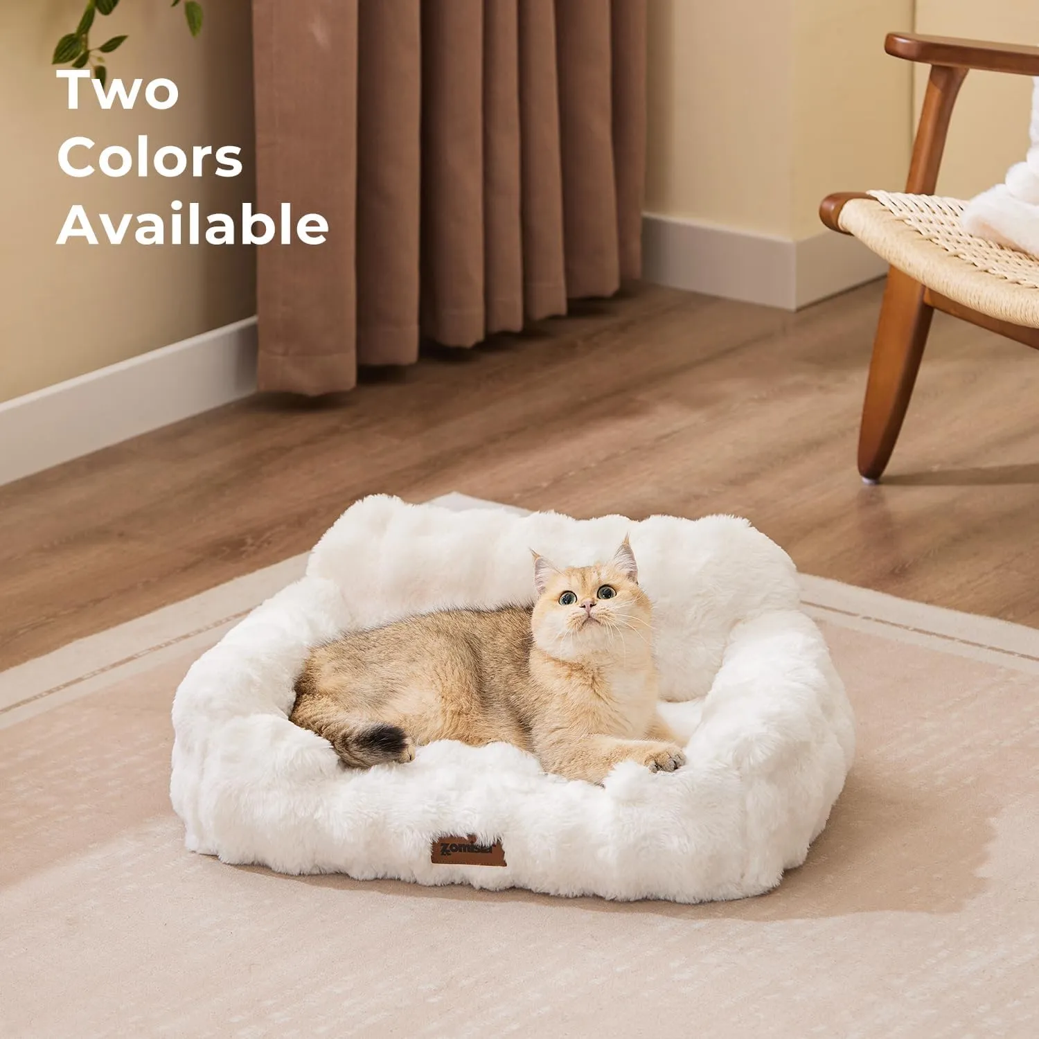 Orthopedic Cat Couch Bed for Indoor Cats, Cute Pet Sofa with Supportive Egg Foam, Fluffy Faux Fur Removable Washable Cover and Non-Slip Bottom, Ivory White