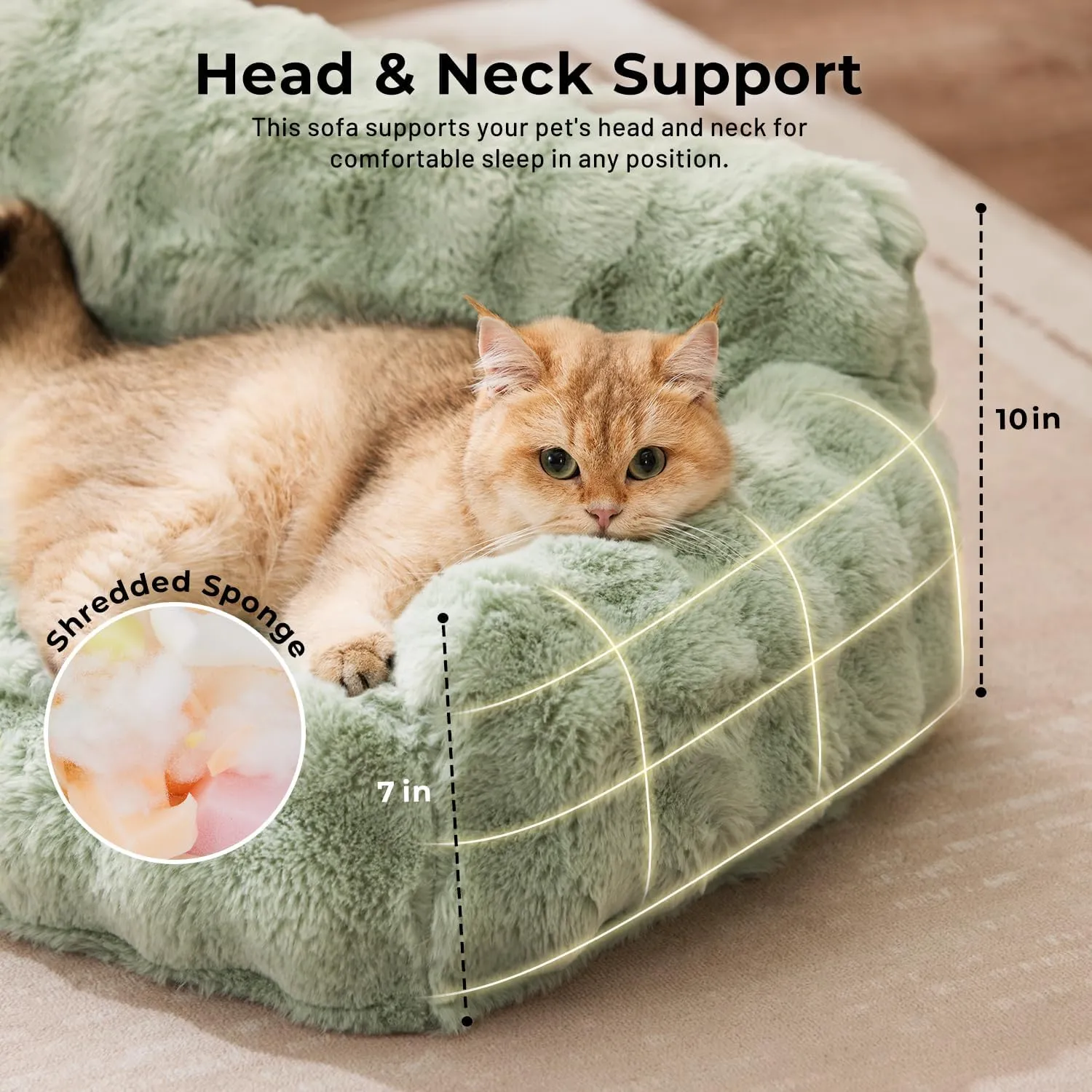 Orthopedic Cat Couch Bed for Indoor Cats, Cute Pet Sofa with Supportive Egg Foam, Fluffy Faux Fur Removable Washable Cover and Non-Slip Bottom, Ivory White
