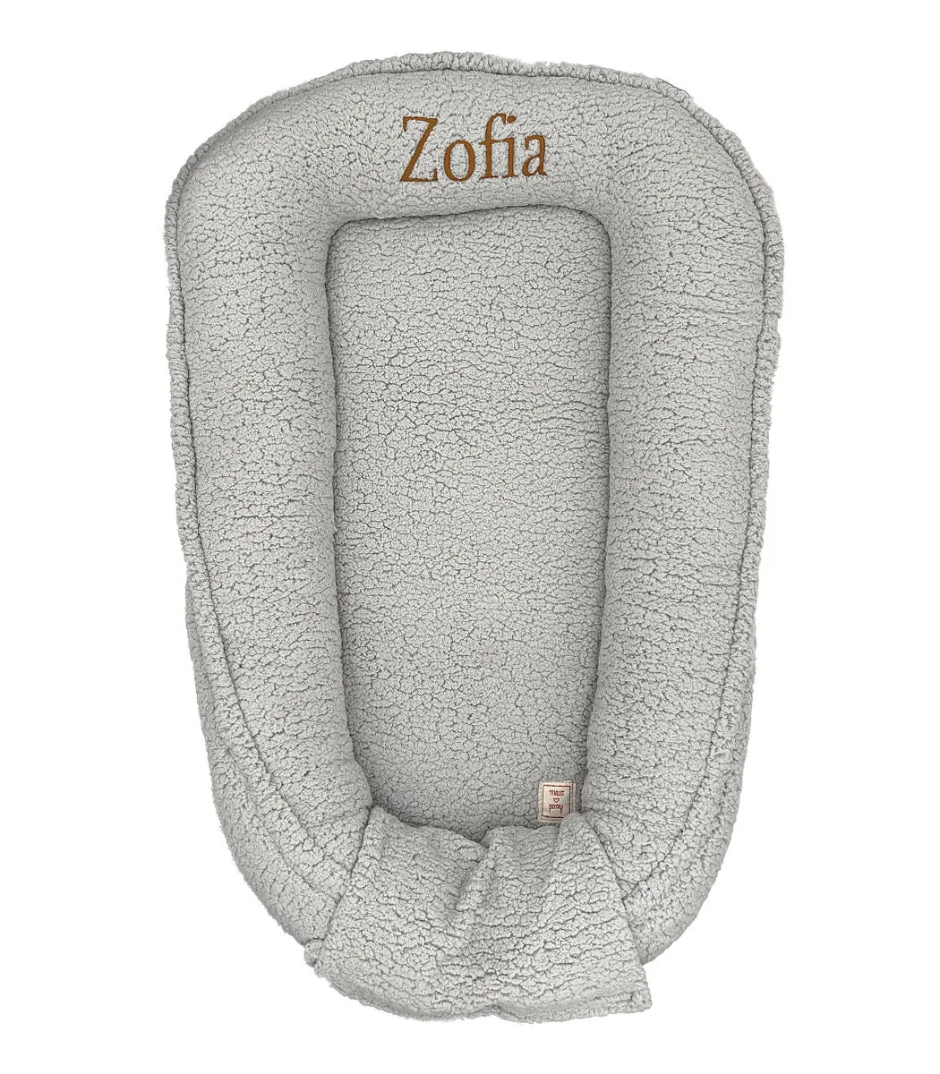 Personalised Soft Bouclé Baby Nest - Grey - MADE TO ORDER