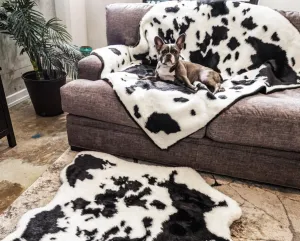 PupRug™ Memory Foam Bed   Matching Waterproof Blanket Bundle - Black Faux Cowhide