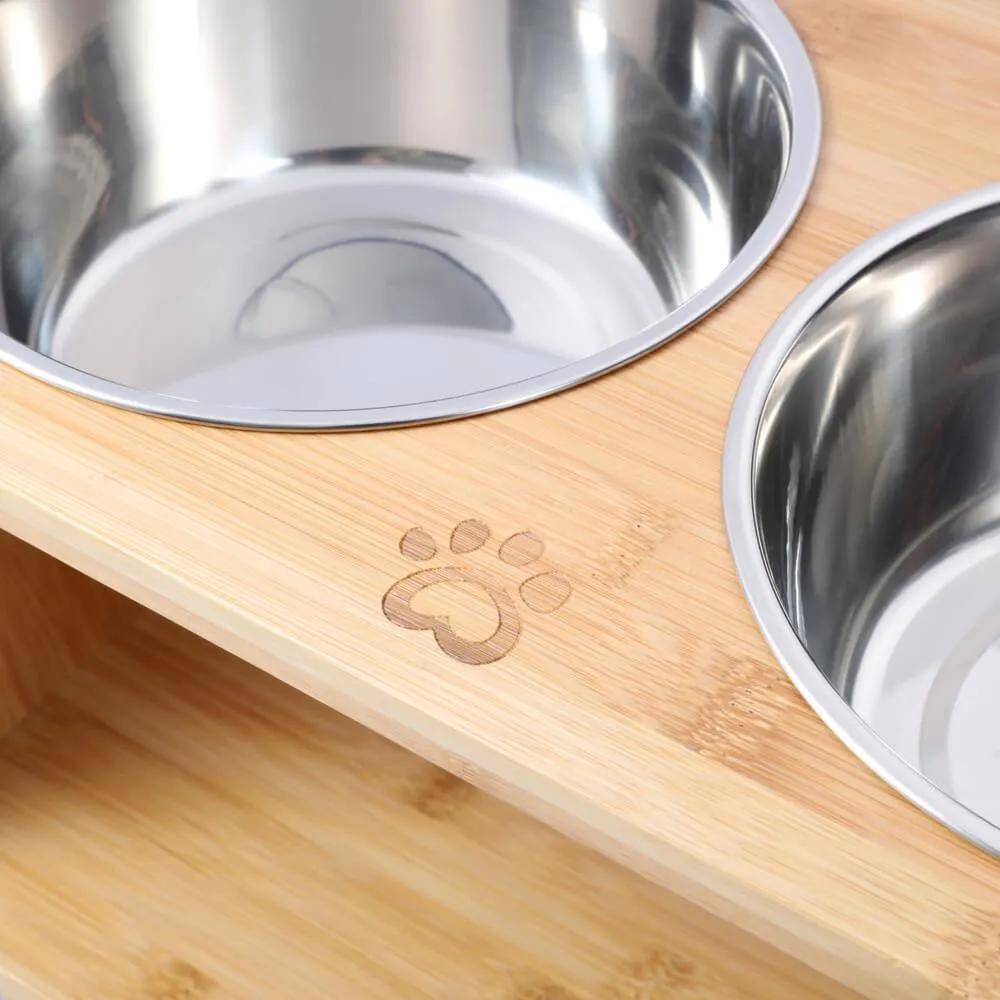 Raised Bamboo Feeder with Dual steel bowls