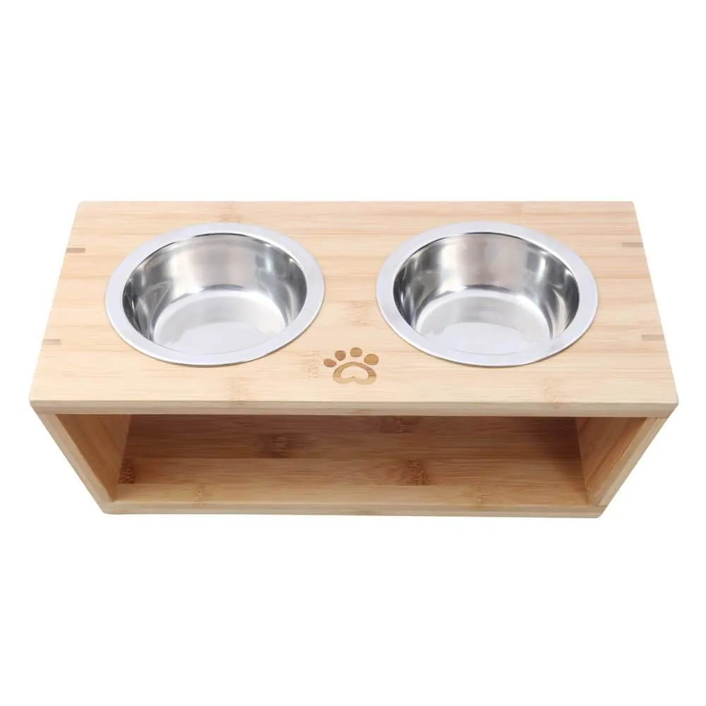 Raised Bamboo Feeder with Dual steel bowls