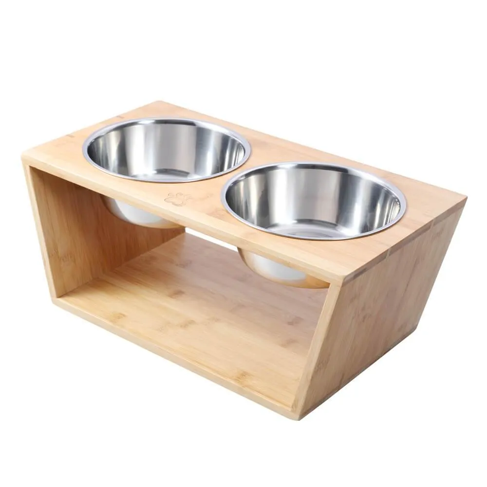 Raised Bamboo Feeder with Dual steel bowls