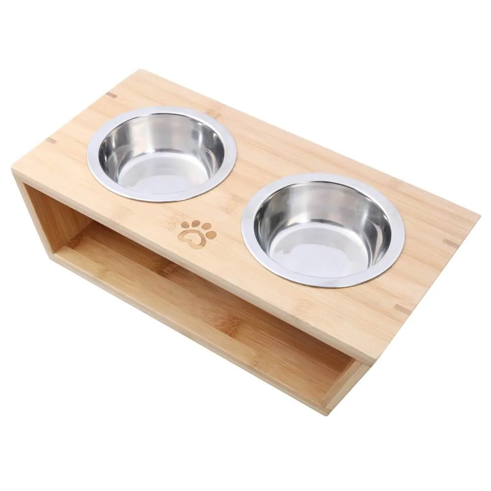 Raised Bamboo Feeder with Dual steel bowls