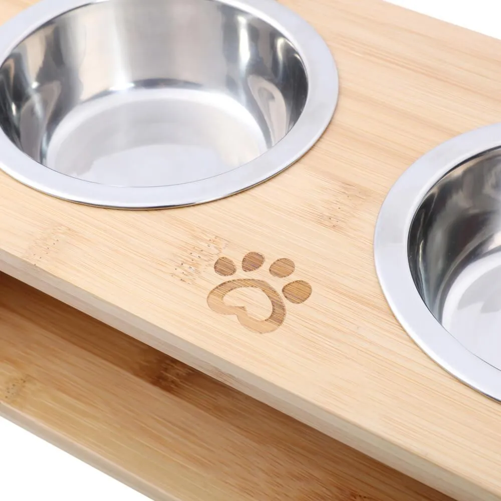 Raised Bamboo Feeder with Dual steel bowls