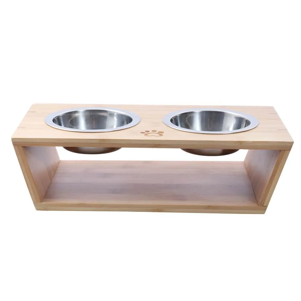 Raised Bamboo Feeder with Dual steel bowls