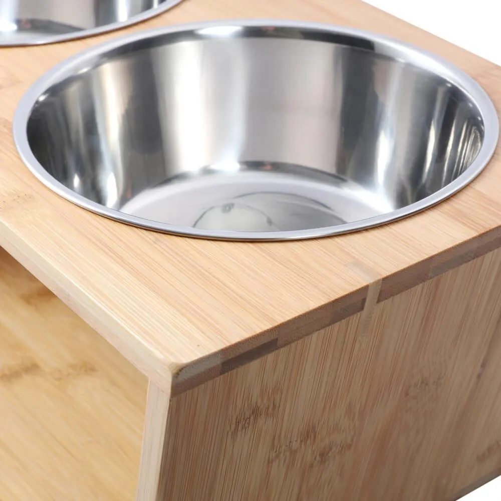 Raised Bamboo Feeder with Dual steel bowls