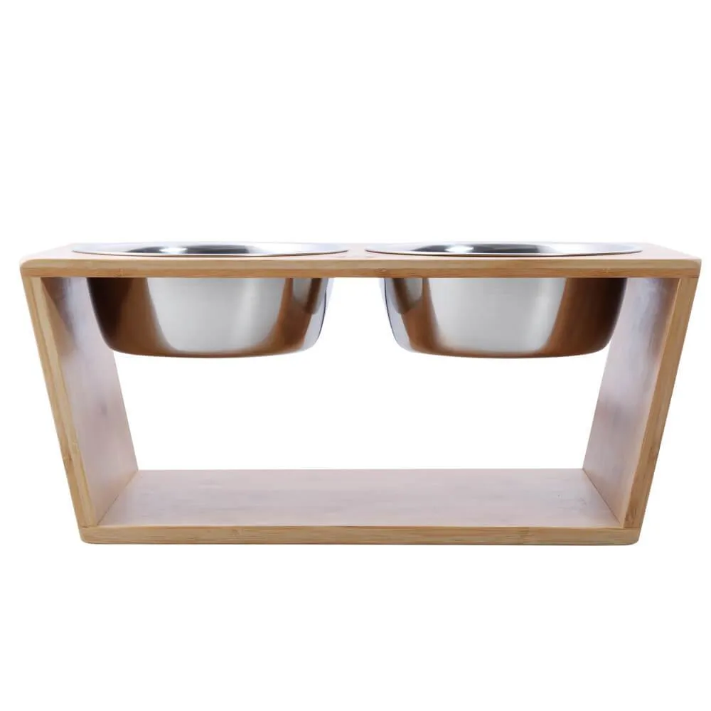 Raised Bamboo Feeder with Dual steel bowls