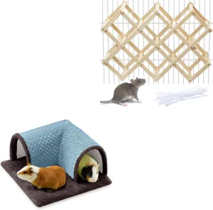 Small Pet Activity Set - Large Wooden Rat Climbing Ladder and Guinea Pig Fleece Tunnel for Mice Hamsters Chinchillas Cage Accessories Blue