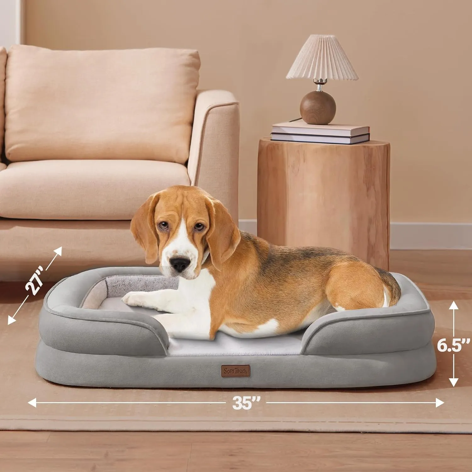 Soft Touch Orthopedic Dog Bed for Large Dogs with Faux Fur Top, Waterproof Pet Couch Bed with Removable Washable Cover and Supportive Foam Filling (Grey, Large)
