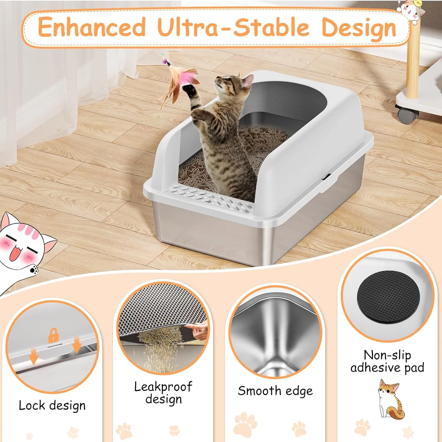 Stainless Steel Litter Box with Lid, Metal Litter Box with Cat Litter Mat,Extra Large Enclosed Cat Litter Boxes for Multiple Cats, Anti-Leakage,Non-Stick, Easy to Clean, Included Mat, Scoop