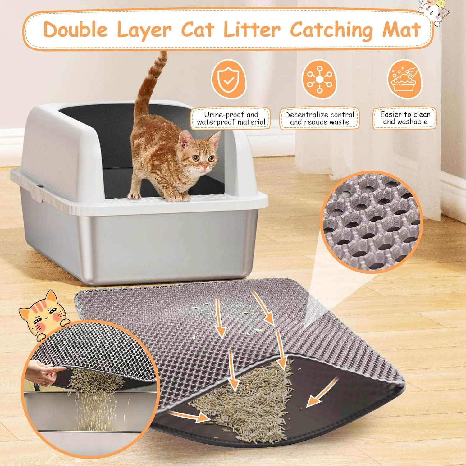 Stainless Steel Litter Box with Lid, Metal Litter Box with Cat Litter Mat,Extra Large Enclosed Cat Litter Boxes for Multiple Cats, Anti-Leakage,Non-Stick, Easy to Clean, Included Mat, Scoop