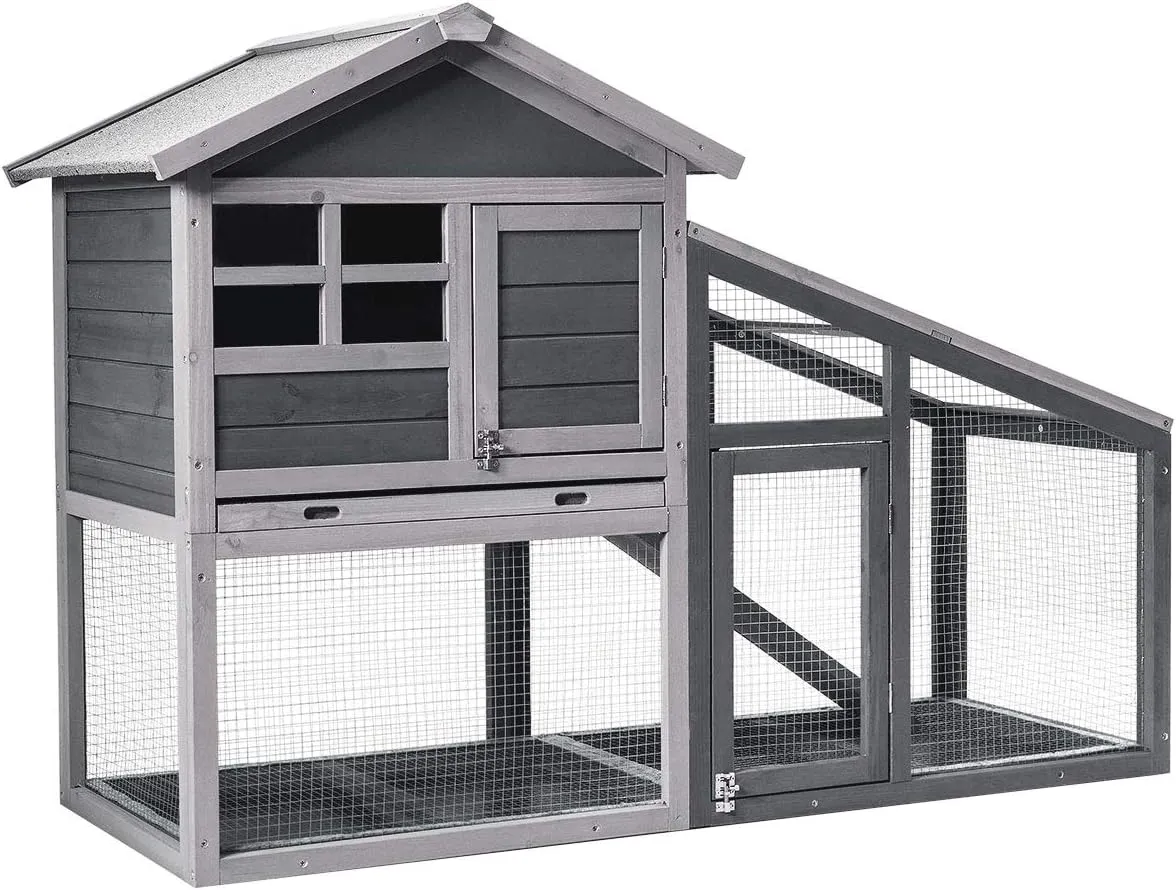 Tangkula Rabbit Hutch Indoor Outdoor, Wooden Chicken Coop, Bunny Hutch with Run, Ventilation Door, Removable Tray, Ramp, Sunlight Panel, Backyard Garden Animals Pet Cage (Gray)
